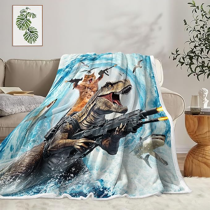 Funny Cat Throw for Kids, Cute Cool Cat Riding Dinosaur on Blue Ocean Fleece Throw Blanket Cozy Soft Lightweight Couch Sofa Bed,Blue Blankets Bedding Decor for Girls Boys Teens Cute Throw Blanket