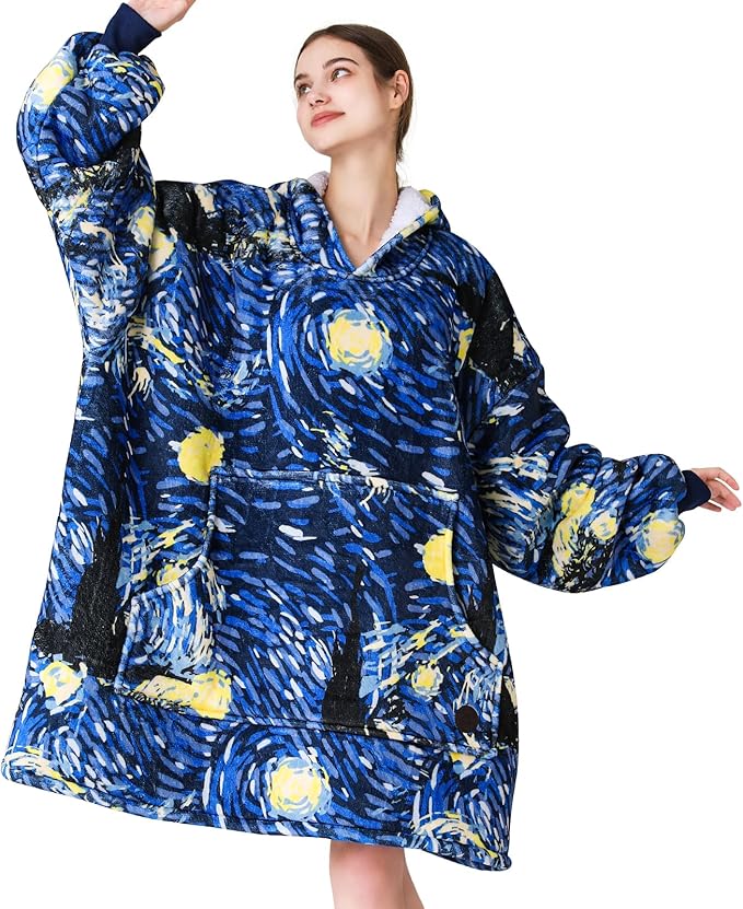 THREE POODLE Wearable Blanket Hoodie for Women, Oversized Sherpa Sweatshirt Blanket for Adults Men, Warm Cozy Starry Hooded Blanket, Gifts for Mom Girlfriend Sister