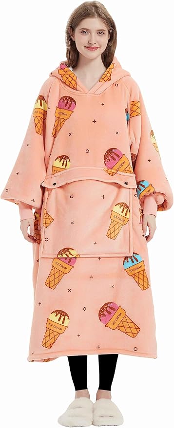 KFUBUO Wearable Blanket Hoodie for Adult Long Sherpa All Patterns ice Cream Oversized Hoodie Sweatshirt Blanket Cute Birthday Gifts for Women