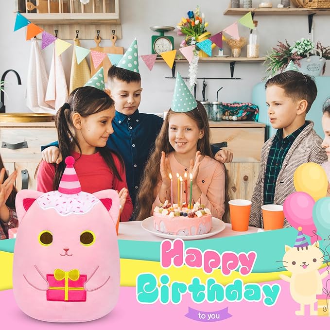 Birthday Cat Plush Pillow,Pink Cat Stuffed Animal Toy,Cute Pinks Stuffed Animal with Gifts, Cat Plushies Birthday Gifts for Kids
