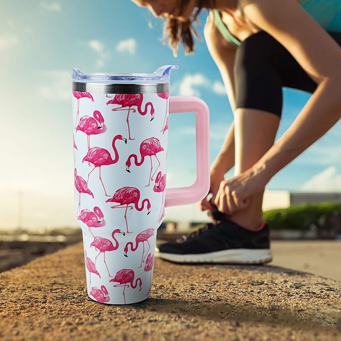 40 oz Tumbler with Handle and Straw, Stainless Steel Insulated Cup with Leak Proof Lid and Straw Lid, Keep Drinks Cold and Hot for Hours(Flamingo)