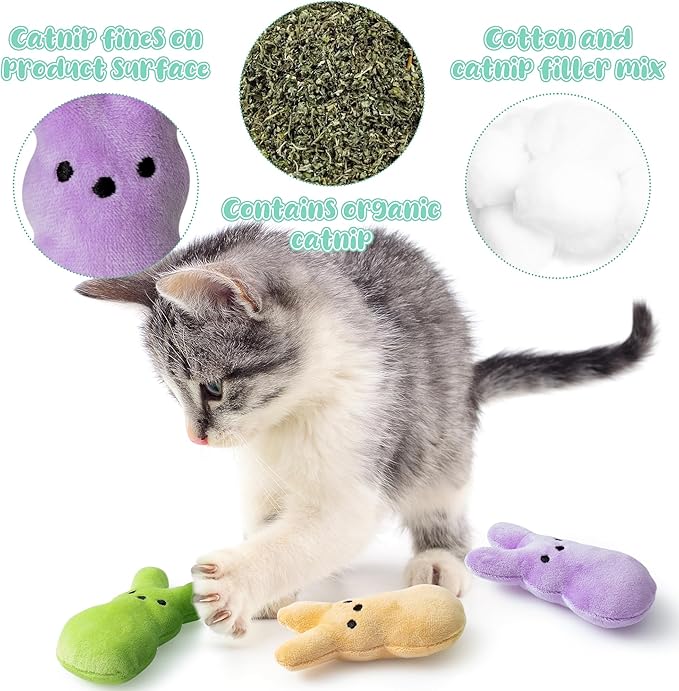 MALLMALL6 5Pcs Easter Bunny Catnip Toys Gift for Cat, Indoor Cat Chew Bite Kick Plush Colorful Rabbit Peeps Catmint Pet Toys for Cat Lover Gifts, Cute Interactive Cat Toy for Pet Presents
