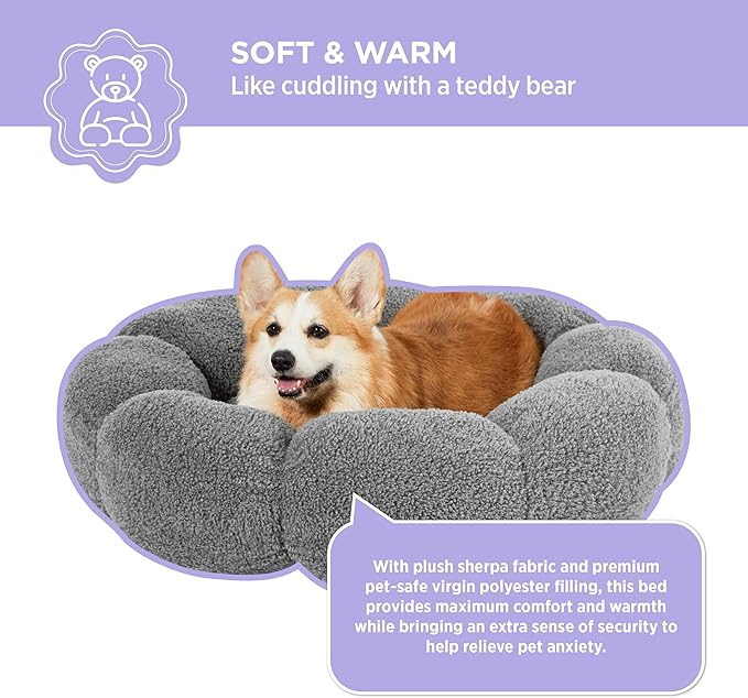 Lesure Calming Large Dog Bed - Flower Donut Round Fluffy Puppy Bed in Plush Teddy Sherpa, Non-Slip Cute Flower Dog Beds, Large Pet Bed Fits up to 100 lbs, Machine Washable, Grey 36"