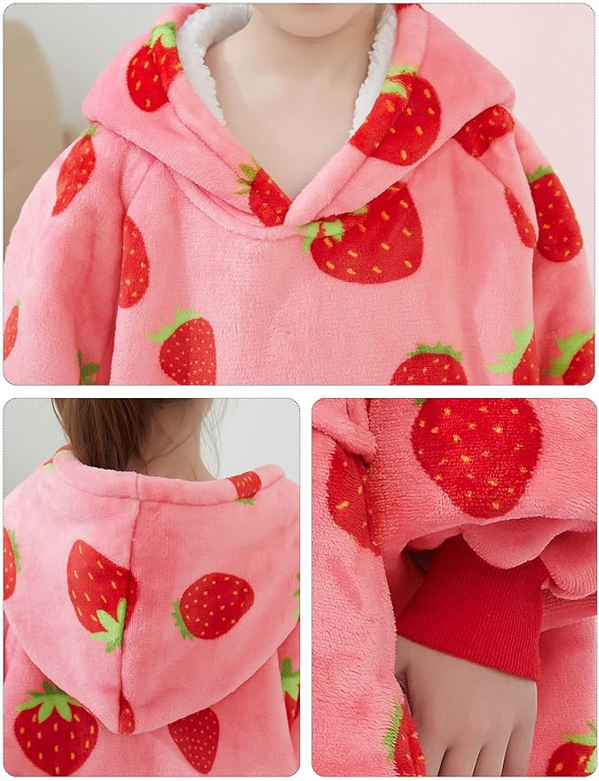KFUBUO Wearable Blanket Hoodie for Kids Sherpa Patterns Oversized Sweatshirt Blanket With Pocket 6-10 Year Old Girl Cute Hoodies Gift Strawberry
