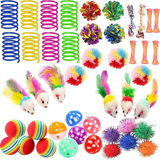 46 PCS Cat Toys for Indoor Cats, Kitten Toys with Cat Spring Toy, Mint Catnip Toys for Cats with Crinkle Cat Toy Mouse Cat Ball Toy for Indoor Cats Kittens Exercise