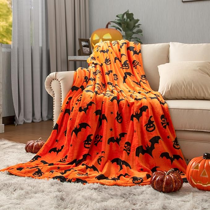 Ghost Halloween Blanket 50” x 70” Reversible Pumpkin Print Fleece Throw Blanket, 320 GSM Surper Soft Warm Cozy Fall Blanket for Couch Sofa Bed, Halloween Harvest Gifts and Home Decor