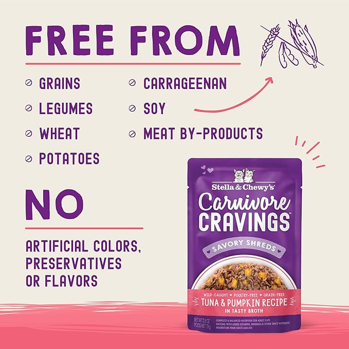 Stella & Chewy’s Carnivore Cravings Savory Shreds Wet Cat Food Pouches – Grain Free, Protein Rich Meal, Topper or Treat – Tuna & Pumpkin Recipe (2.8 Ounce Pouches, Case of 12)