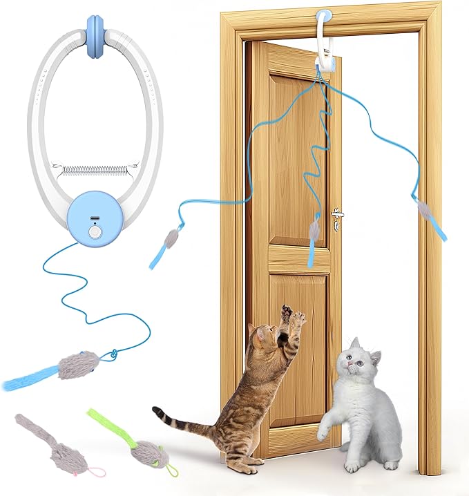 Cat Toys, Interactive Cat Feather Toys for Indoor Cats, Hanging Retractable Teaser Toy Kitten Play Chase Exercise, Automatic Kitten Mental Exercise Toys with Three Mices Plush Toys (Blue)