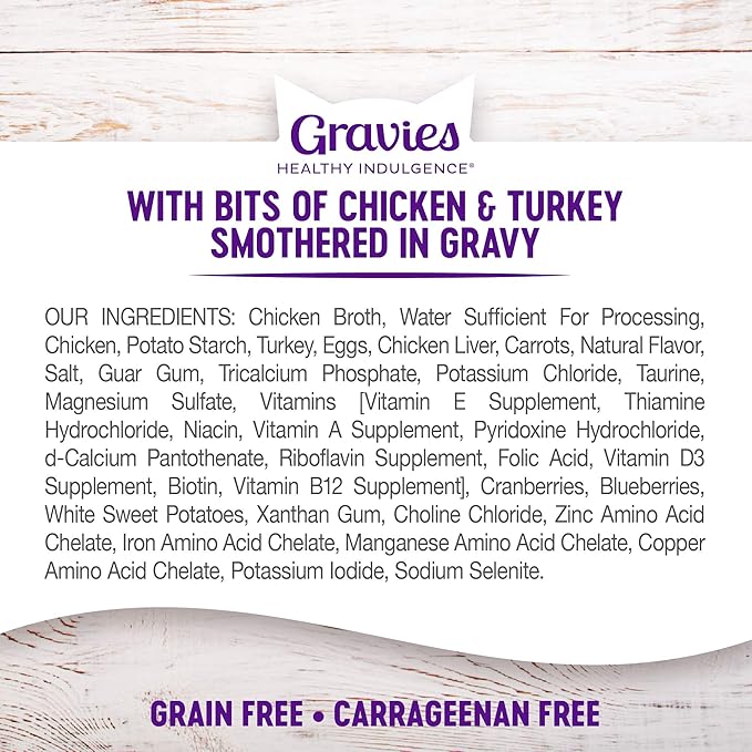 Wellness Healthy Indulgence Gravies Grain-Free Wet Cat Food, Made with Natural Ingredients and Quality Proteins, Complete and Balanced Meal, 3 oz Pouches (Chicken & Turkey in Gravy, 24 Pack)