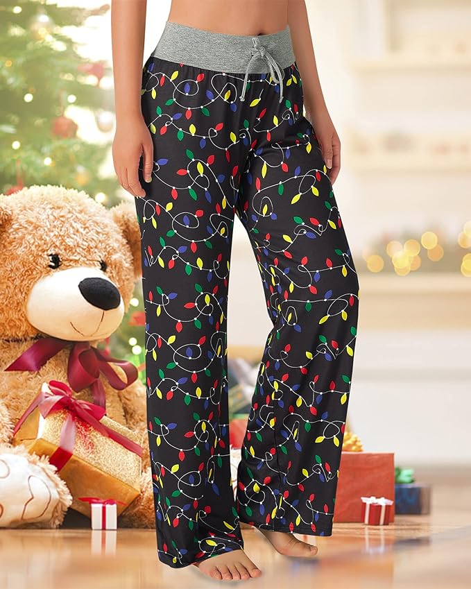ALISISTER Christmas Womens Pajama Pants Casual Comfy Sleepwear Wide Leg Drawstring Bottoms
