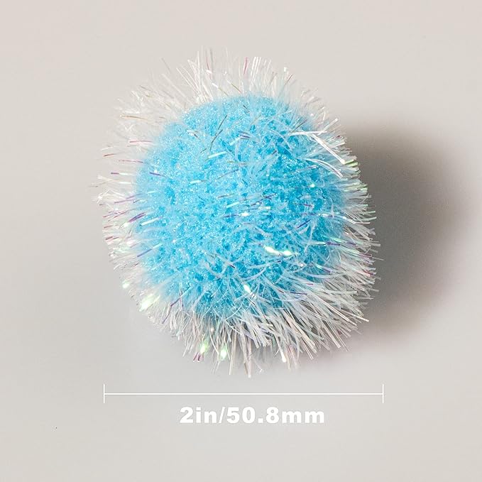 VAPKER 30 Pcs Cat Ball Toys Sparkle Balls Extra Large 2 Inch Cat's Favorite Chase Glitter Ball Glitter Tinsel Pom Poms Balls Light Blue Color
