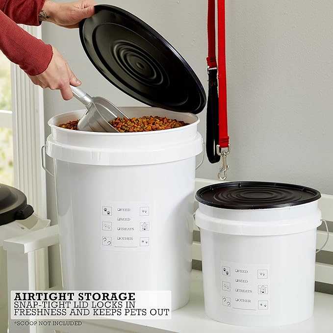 United Solutions Airtight Pet Food Storage Container, 5 Gallon Capacity, Great for Dog Food, Cat Food, Bird Seed, Dry Food Storage, White Container with Black Lid, 2-Pack