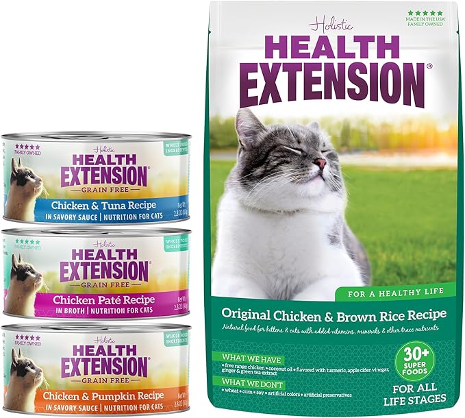 Health Extension Bundle - Wet Cat Food Canned Chicken & Pumpkin, Chicken & Tuna, Chicken Pate (2.8oz Each) and Dry Cat Food Chicken & Brown Rice Recipe (15 lbs) - Complete Nutrition for Cats