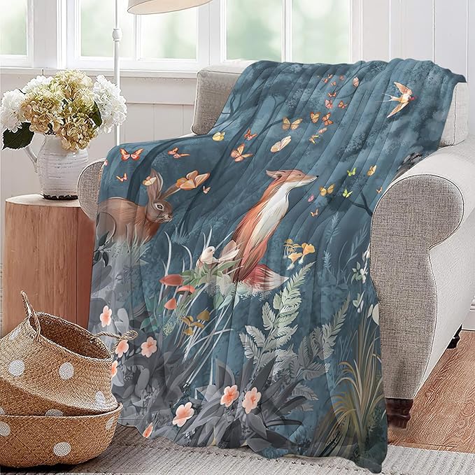 Fox Print Blanket Rabbit Red Panda Forest Animals Fresh Throw Blankets for Couch Sofa Bed Stuff Decor Soft Cozy Fleece Plush Warm Flannel Bedding Blanket Gifts for Baby Girls Boys Kids Adults 50"x60"