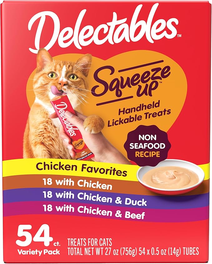 Delectables Squeeze Up Non-Seafood Variety Pack, Creamy Squeezable Puree, Lickable Wet Cat Treats, Grain Free, No Added Fillers, No By-Products, No Added Preservatives, 0.5 Ounces Tube, 54 Tubes Total
