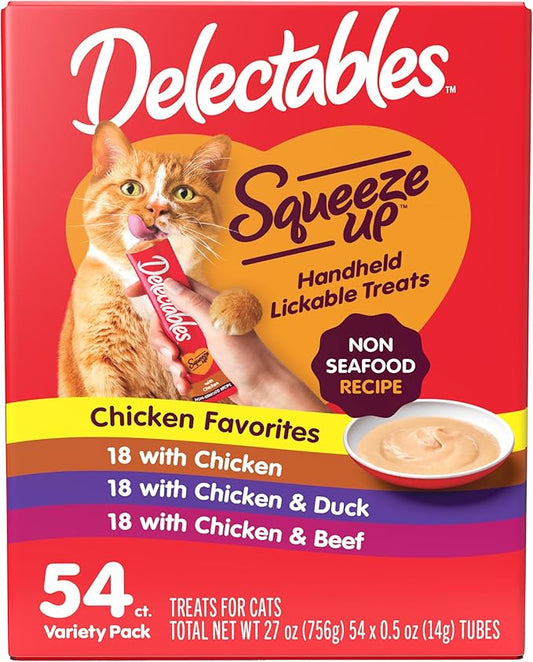 Delectables Squeeze Up Non-Seafood Variety Pack, Creamy Squeezable Puree, Lickable Wet Cat Treats, Grain Free, No Added Fillers, No By-Products, No Added Preservatives, 0.5 Ounces Tube, 54 Tubes Total