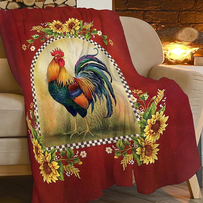 Farmhouse Rooster Blanket Chicken Sunflower Farm Country Red Print Throw Blankets for Couch Sofa Bed Lightweight Soft Cozy Fleece Plush Warm Flannel Bedding Blanket Gifts for Kids Adults 50"x60"