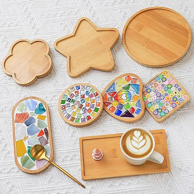 4PCS Mosaic Bamboo Coasters for Crafts, Blank Base Trays, Drinking Cup Coaster, Plant Coaster, Art Plate,DIY Mosaic Supplies (Star)