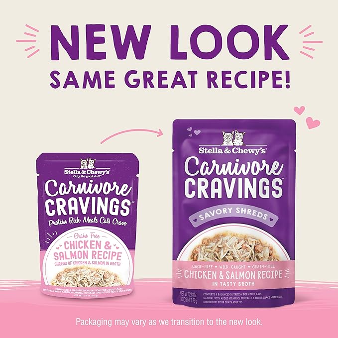 Stella & Chewy's Carnivore Cravings Wet Cat Food Pouches – Grain Free, Protein Rich Meal, Topper or Treat – Chicken & Salmon Recipe (2.8 Ounce Pouches, Case of 24)