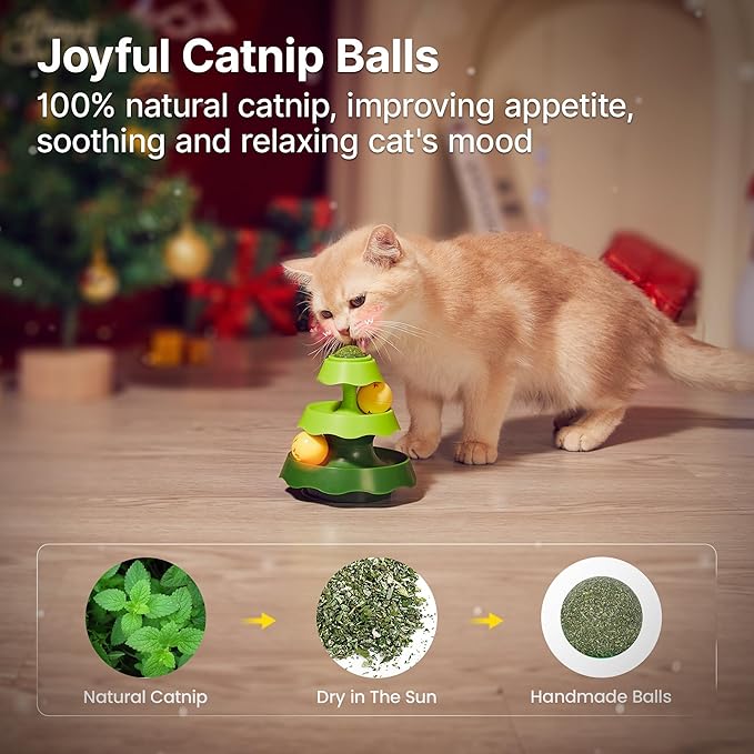 Potaroma Mini Sized Cat Toys with Catnip on Top, 2-Level Roller Turntable Two Cat Balls Interactive Indoor Kitten Physical Exercise Kitty Toys 5.5 Inches