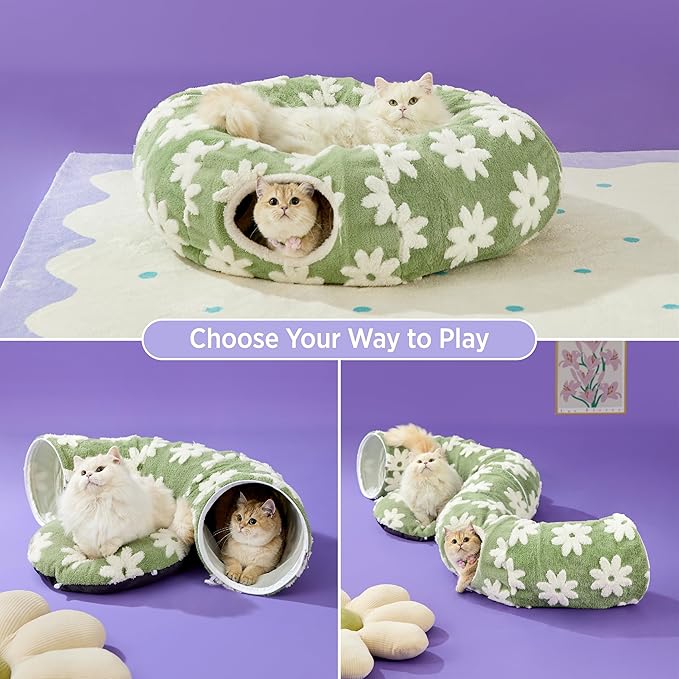 Lesure Cat Tunnel Bed for Indoor Cats - Cute Cat Donut Tunnel with Washable Circle Cushion, Round Pet Play Tunnel Toy for Kitten/Puppy/Rabbit,Green