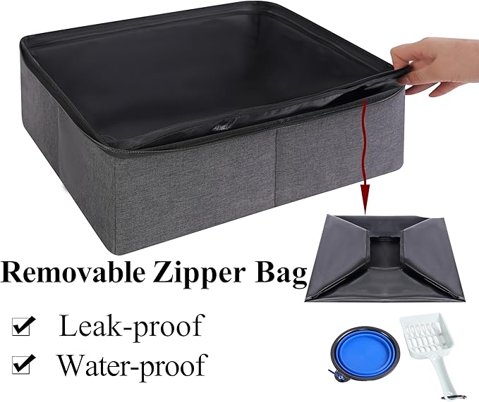 apollo walker Portable Cat Travel Litter Box with Zipped Waterproof Bag,Collapsible Litter Carrier for Cat with Zipped Lid and Handle, No Leakage, No Smell, Easy to Carry and Use in Hotels, Car Black