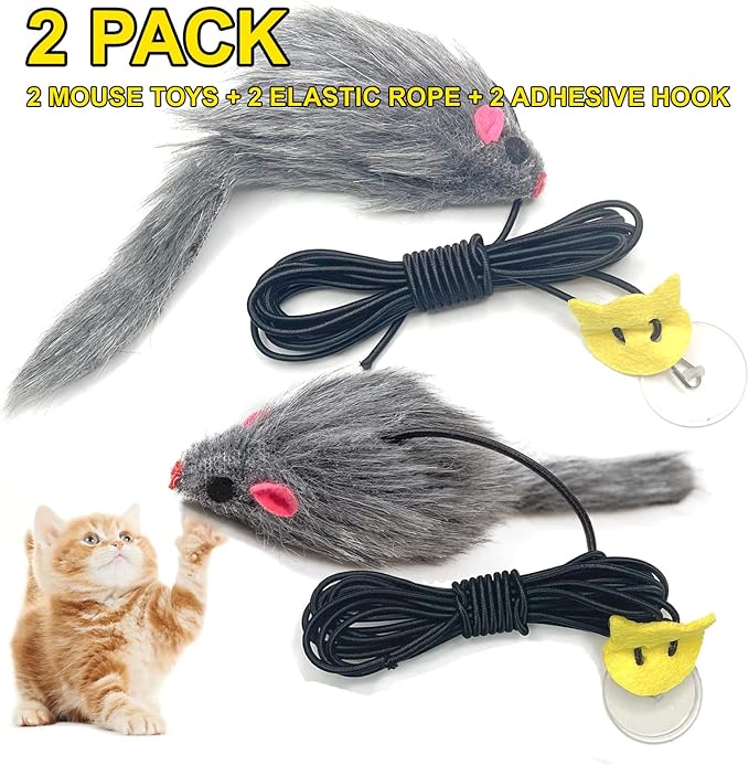2PCS Hanging Cat Toy, Cat Interactive Toys for Indoor Cats, Home Alone Self Play Cat Toys, Cat Door Toy with Adhesive Hooks, Cat Training Stimulation Kitten Toys, Mouse Indoor Cat Toys Pack
