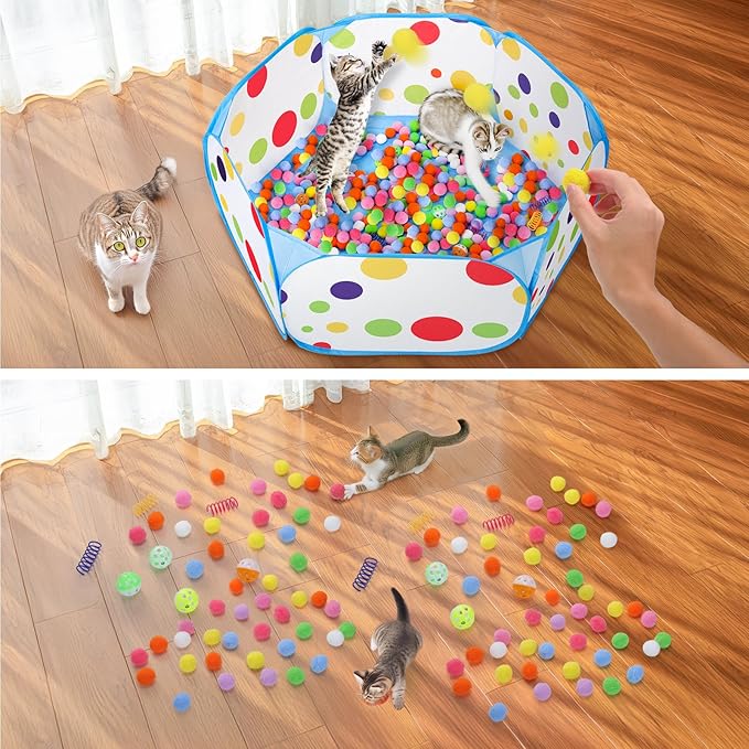 Palksky Cat Ball Pit with 210PCS Cat Toy Balls and 4PCS Cat Spring Toy, Interactive Cat Toys for Bored Indoor Cats Self Play, Cat Enrichment Toy for Interactive Fun and Exercise
