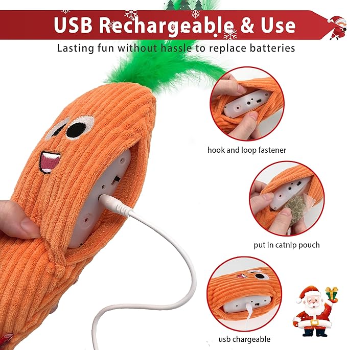 Gigwi Interactive Cat Toys, Rechargeable Flapping Carrot with SilverVine Catnip, Beating Tails Cat Toys for Indoor Cat, Touch Activated Best Gift For Birthday, Thanksgiving, Christmas, New Year