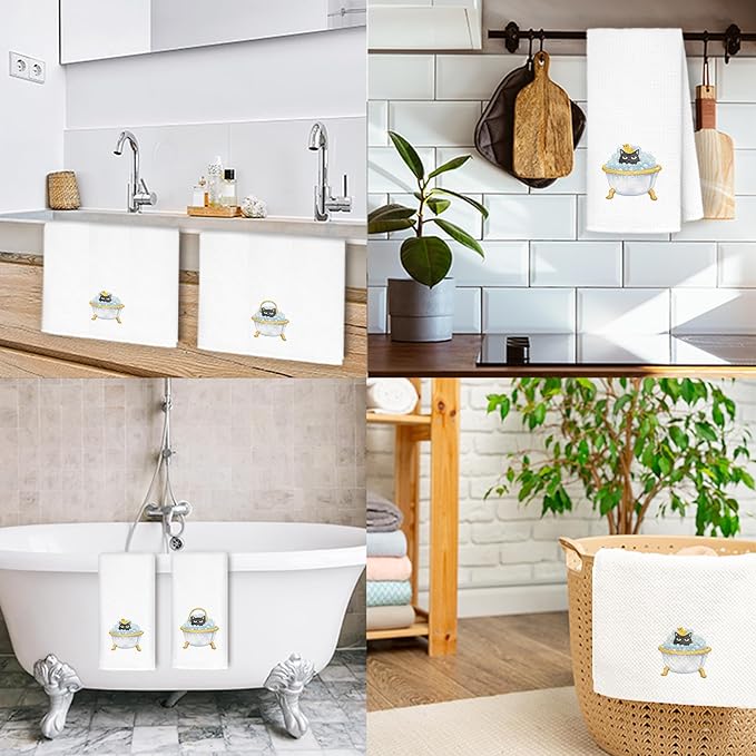 Funny Black Cat Bathroom Hand Towels, Cat Lover Mom Lady Gifts for Women, Cute Bathing Black Kitten Decorative Hand Towels for Bathroom Washroom, 16x24 Inch Set of 2