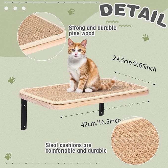 Kisston 4 Pcs Cat Wall Shelves Stairs Hammock Set Wooden Cat Wall Furniture Cat Climbing Shelves with 4 Steps Cat Stairway with Sisal Rope Scratching Hammock Mounted Cat Bed for Sleeping, Playing