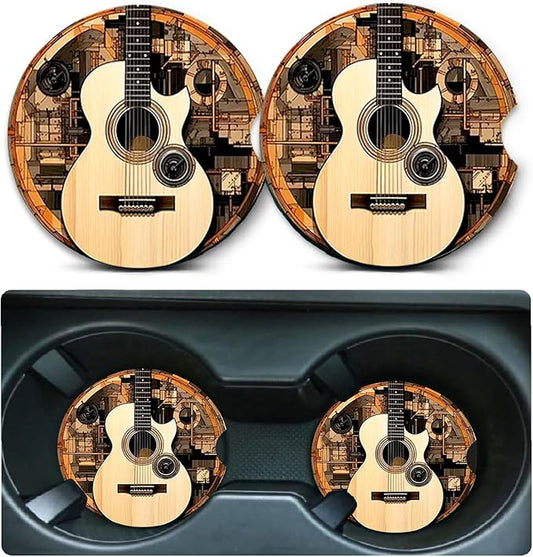 Car Coasters for Cup Holders,2 Pack Guitar Car Coasters,2.75" Universal Size Anti Slip Rubber Mat,Automotive Cup Holder Decal Decor Accessories,Guitar Gifts for Women,Men,Mom
