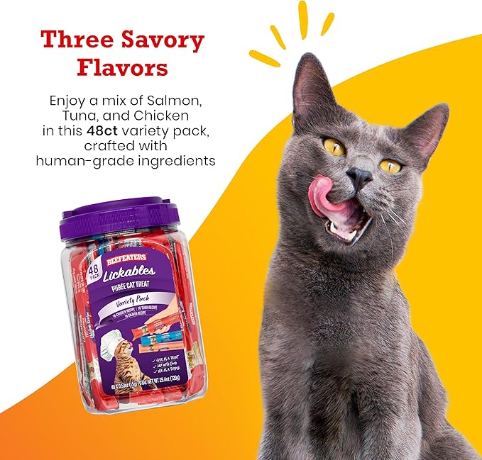 Beefeaters Cat Treats - Variety Pack Lickable Puree 48ct | Cat Food Salmon, Tuna, Chicken | Grain-Free, Taurine-Enriched | Training Treats - Interactive Feeding | Wet/Dry Food