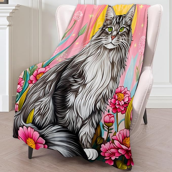 Aesthetic Maine Coon Cat Blanket - Super Soft, Cozy, Lightweight Flannel Throw - Warm, Plush Blanket for Couch, Bed, Office, Travel, Outdoor Ideal Gift for Adult - 50×60in