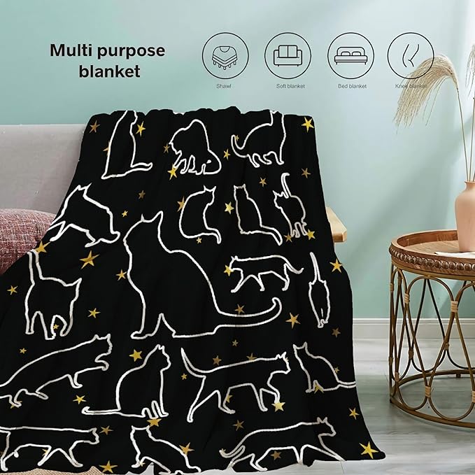 Khumbhira Black Cats Stars Blanket Cute Throws Gifts for Boys Girls, Kitten Decor Cat Plush Soft Lightweight Flannel Fleece Blankets Kawaii Bedding for Bed Couch Chair 80x60In Adult
