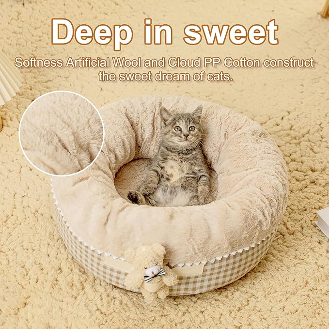 Jiupety Teddy Donut Bed for Indoor Cats, Washable & Warm Small Dog Bed, Cute Fluffy Round Kitten Bed, Suitable for Cat and Puppy, Anti-Slip Calming Princess Kitty Bed, Camel, 20"×20", Fit 12lbs