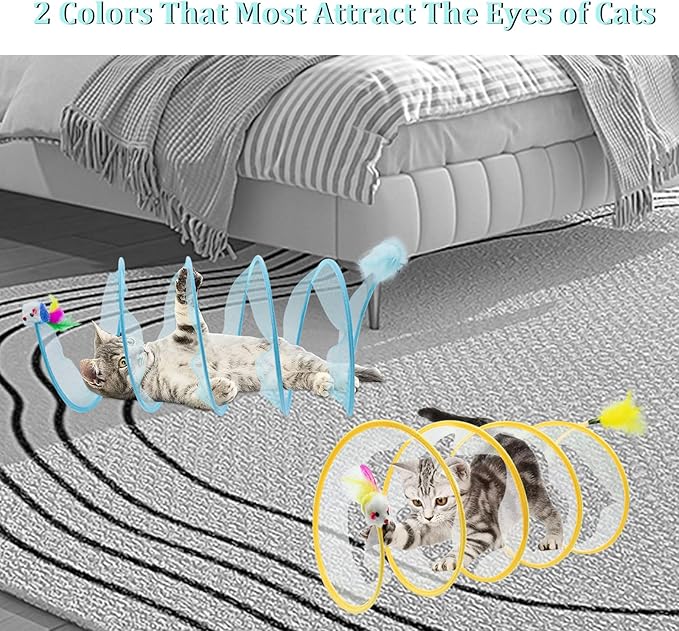 Folded Cats Tunnel Toy for Cats, Collapsible Cats Spring Tunnels Toy with Feather Mouse Toys, Played Tunnels Cats Tunnel Bed Tube Inside Cats, Interactive Cats Toy for Puppy Kitten