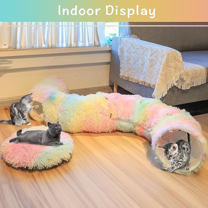 Cat Tunnel Bed for Indoor Winter, Warm Fluffy Plush Rainbow Cats Donut Tunnel with Central Mat, Multifunctional Pet Playground Toys Hide Place for Indoor Kitten Puppy Rabbit Ferret