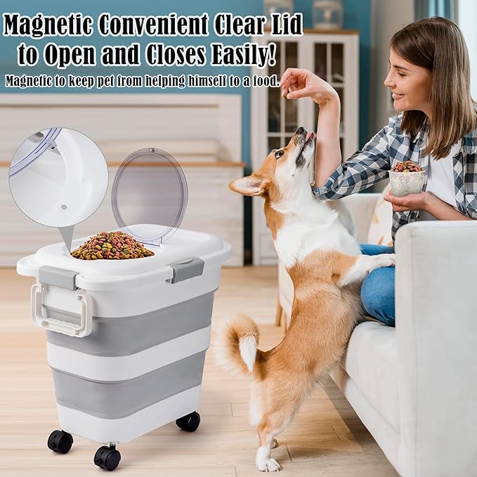 12-45 Lbs Dog Food Storage Container, Collapsible Pet Food Container with Spinner Wheels Scoop and Measuring Cup, Airtight Multifunctional Food Storage Container for Rice Dog Cat Pet Kitchen Dry Food