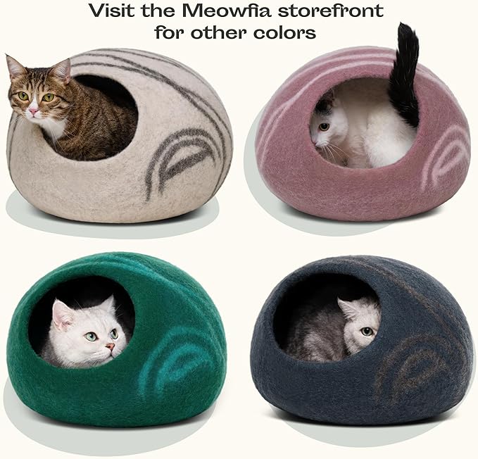 MEOWFIA Cat Cave – Premium Felt Cat Bed for Indoor Cats, Handmade 100% Merino Wool (Light Shades) (Medium, Light Grey)