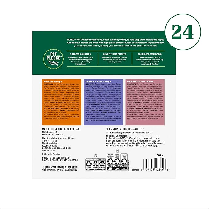Nutro Wet Cat Food Paté MultiPack: Salmon & Tuna; Chicken & Liver and Chicken; (24) 2.64 oz. Trays