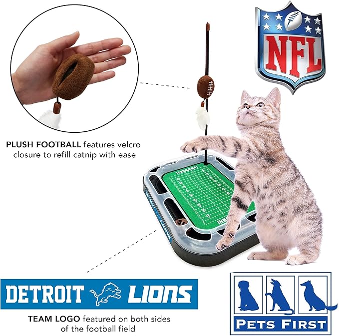Football Field Cat Toy NFL DETROIT LIONS FOOTBALL FIELD CAT SCRATCHER TOY with CATNIP Filled Plush FOOTBALL Toy&Feather Cat Toy hanging with Jingle Bell INTERACTIVE BALL Cat Chasing 5-in-1 KITTY Toy