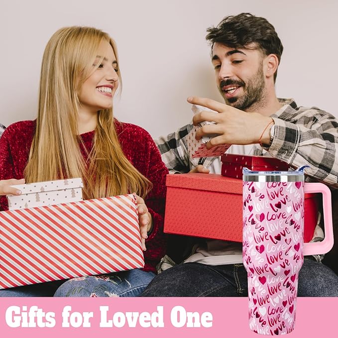 40 Oz Valentines Day Tumbler 3d-Printed Pink Love Tumbler Gifts for Couple Women Men Insulated Travel Cup with Handle Lid and Straw