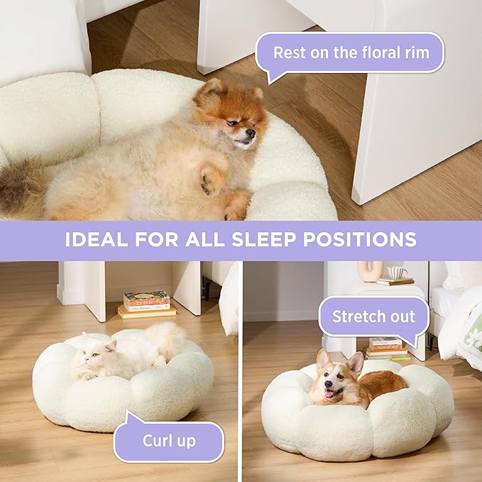 Lesure Calming Small Dog Bed - Flower Donut Round Fluffy Puppy Bed in Plush Teddy Sherpa, Non-Slip Cute Flower Cat Beds for Indoor Cats, Small Pet Bed Fits up to 25 lbs, Machine Washable, Cream 23"