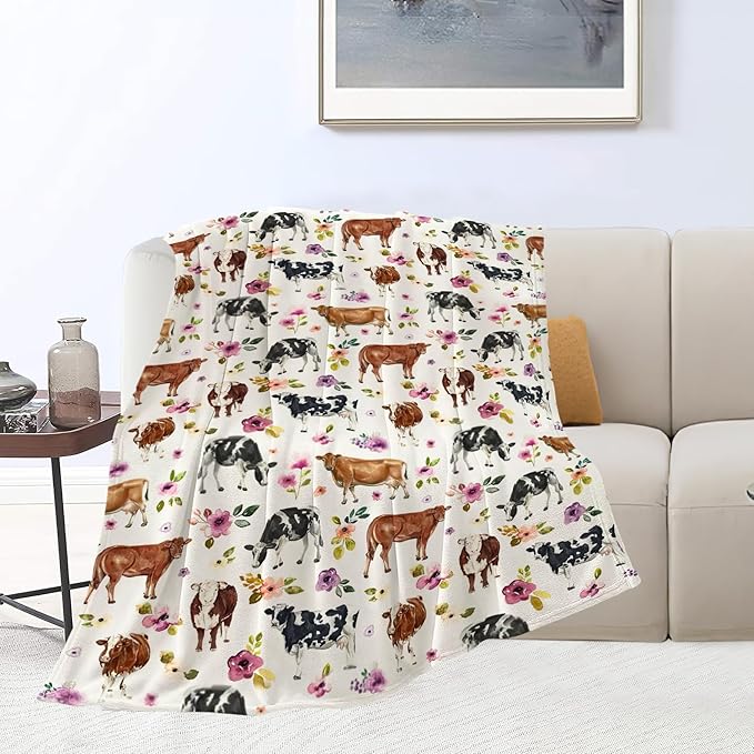 Cow Blanket Cattle Floral Decor Throw Blanket Super Warm Soft Plush Lightweight Fleece Flannel Farmhouse Cute Animals Blanket Gifts for Girls Boys Women Men for Winter Couch Bedding 50"X60"
