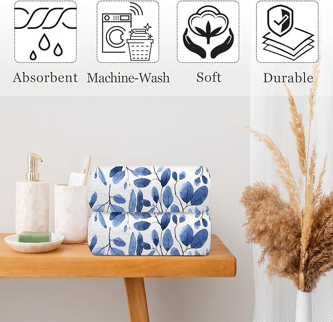 Blue Eucalyptus Leaves Bathroom Hand Towel Set of 2,Watercolor Botanical Plant Leaves Fingertip Kitchen Hand Towel,Soft Absorbent Decorative for Hotel Home Decor