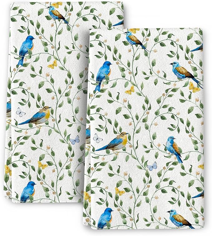 Blue Birds Kitchen Towels Sets of 2, Cute Botanic Absorbent Decorative Dish Towels Tea Towels Hand Towels for Kitchen Farmhouse Bar,Gifts for Bird Lovers,Kitchen Decor Accessories