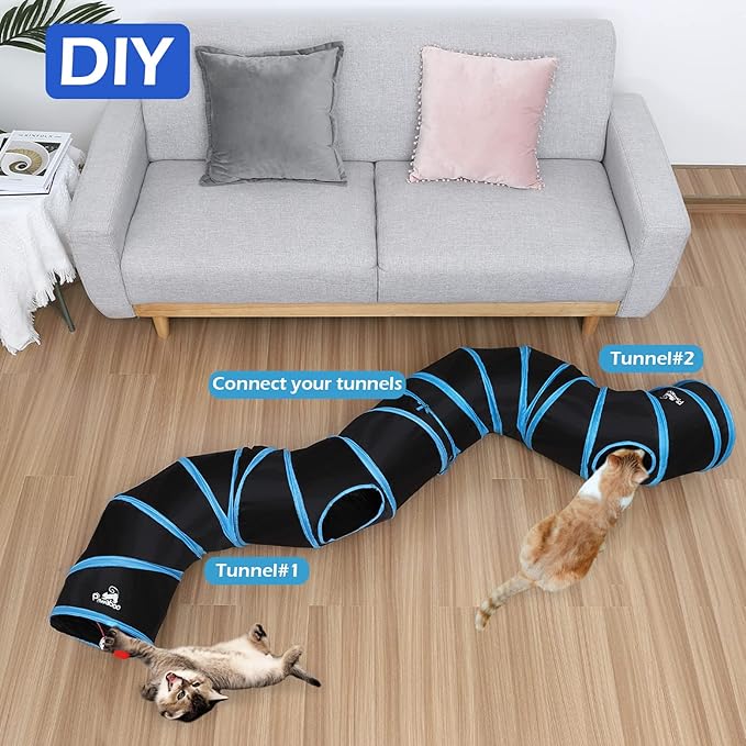 Pawaboo Cat Toys, Cat Tunnel Tube S-Shaped Tunnels 25x97cm Extensible Collapsible Cat Play Tent Interactive Toy Maze Cat House with Balls and Bells for Cat Kitten Kitty Rabbit Small Animal, Blue