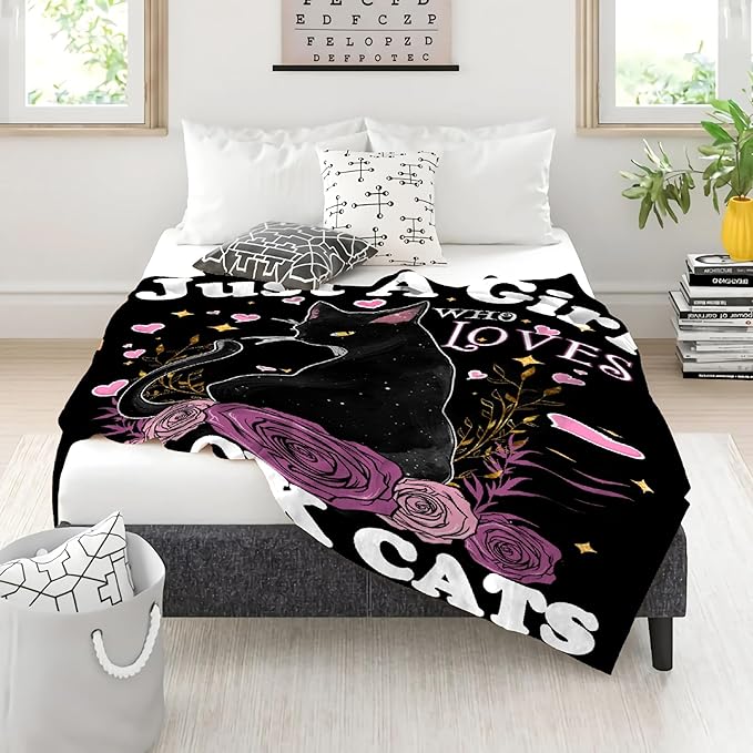 Just A Girl Who Loves Black Cats Blanket Gifts for Girls Boys, Cute Black Cat Throw Blanket for Cat Lovers Soft Lightweight Flannel Fleece Kitten Decor Plush Bedding for Teens Sofa Bed Chair 60x50In