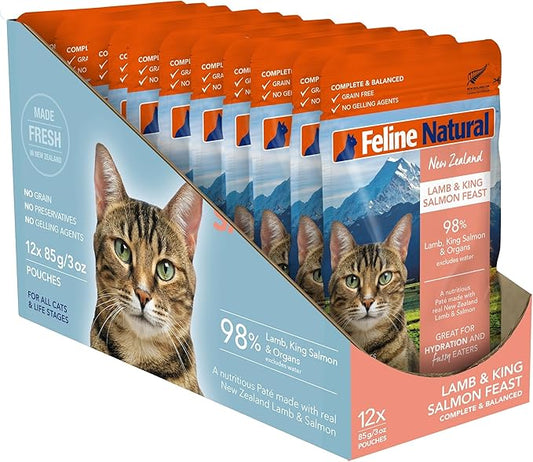 Feline Natural - 12 Grain-Free Pouches - Lamb & Salmon Feast, 3oz